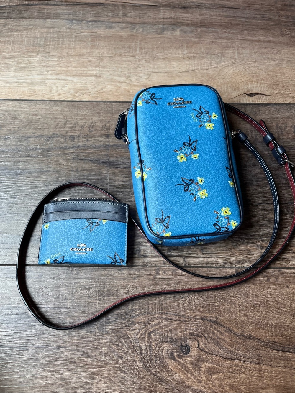 Coach Slate Blue Floral Bow Crossbody Phone Pouch with matching Card Case